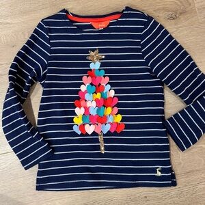 Joules Navy Striped Kids Shirt with Colorful Heart Tree Sz 5 Girl’s